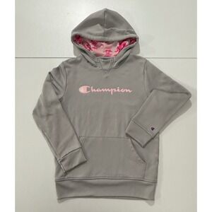 Champion Gray Hoodie Girls Size 7/8 Pink Logo Pullover Sweatshirt Kids (C22)